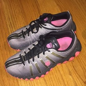 Gray and pink cleats